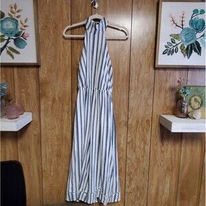 New York & Company | Blue & White Stripe Crop Wide Leg Halter Jumpsuit |…